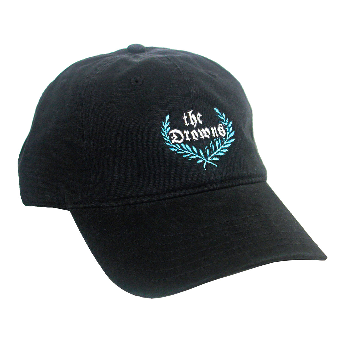 A black The Drowns dad hat by Otto Cap with white "The Drowns" embroidery above a light blue laurel wreath on the front.