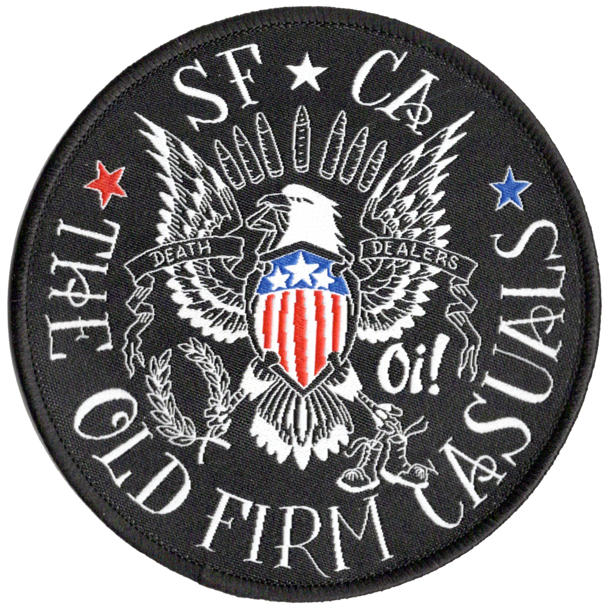 Circular woven patch featuring an eagle holding arrows and a branch, with a bold banner reading “DEATH DEALERS.” The shield displays stars and stripes, alongside the text: SF CA THE OLD FIRM CASUALS Oi! Red and blue stars accent the sides against a black background, making this an iconic Death Dealers patch for any Old Firm Casuals fan.