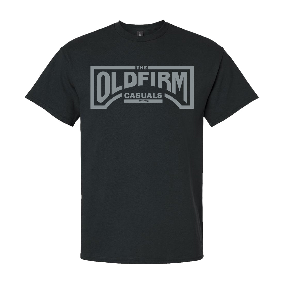 Black shirt by The Old Firm Casuals, made from Gildan Ultra Cotton, with THE OLD FIRM CASUALS EST. 2010 in bold gray letters across the chest inside a rectangular border.