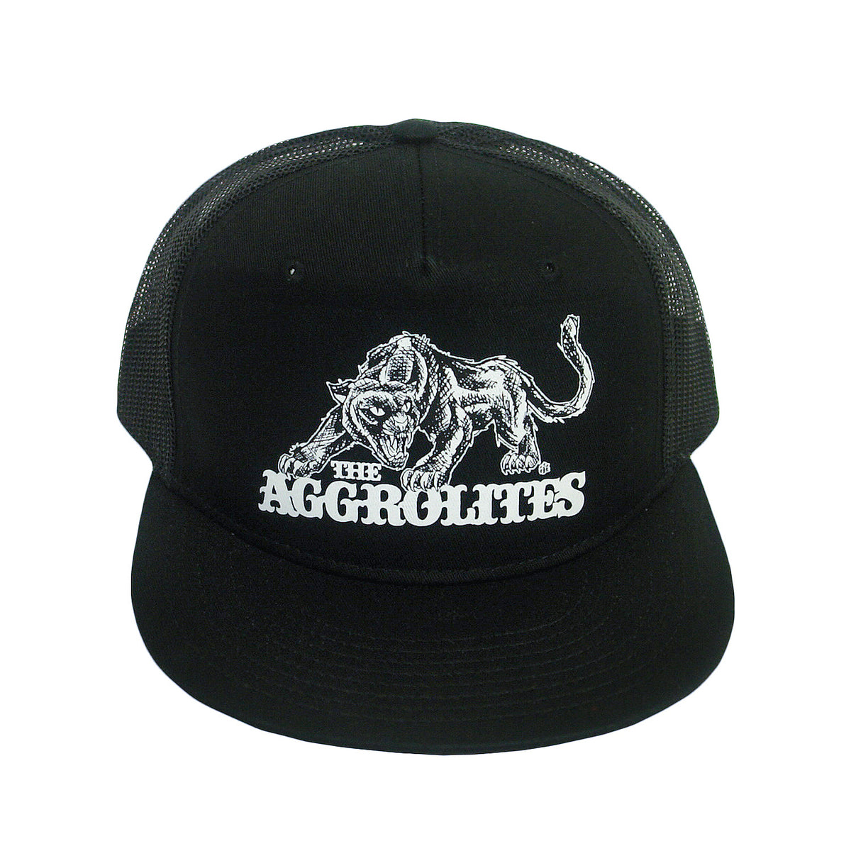 The Aggrolites black mesh trucker hat with a white prowling panther graphic and THE AGGROLITES text on the front panel.