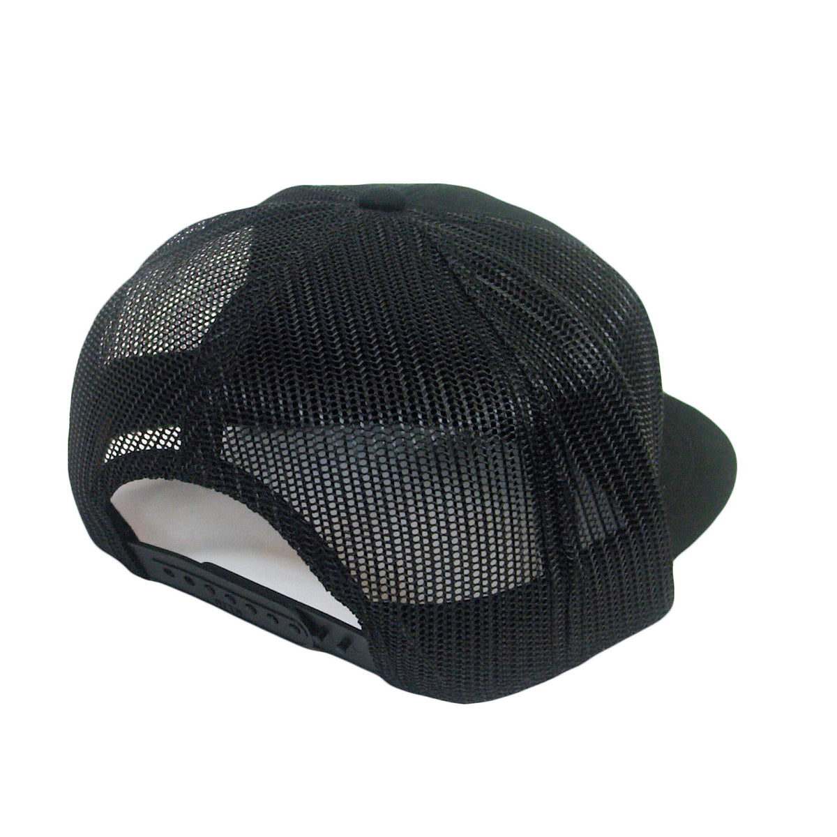 A black mesh trucker hat by The Aggrolites, shown from the back, features a plastic adjustable snap closure and mesh panels for ventilation—ideal for fans of the classic Otto snapback style.