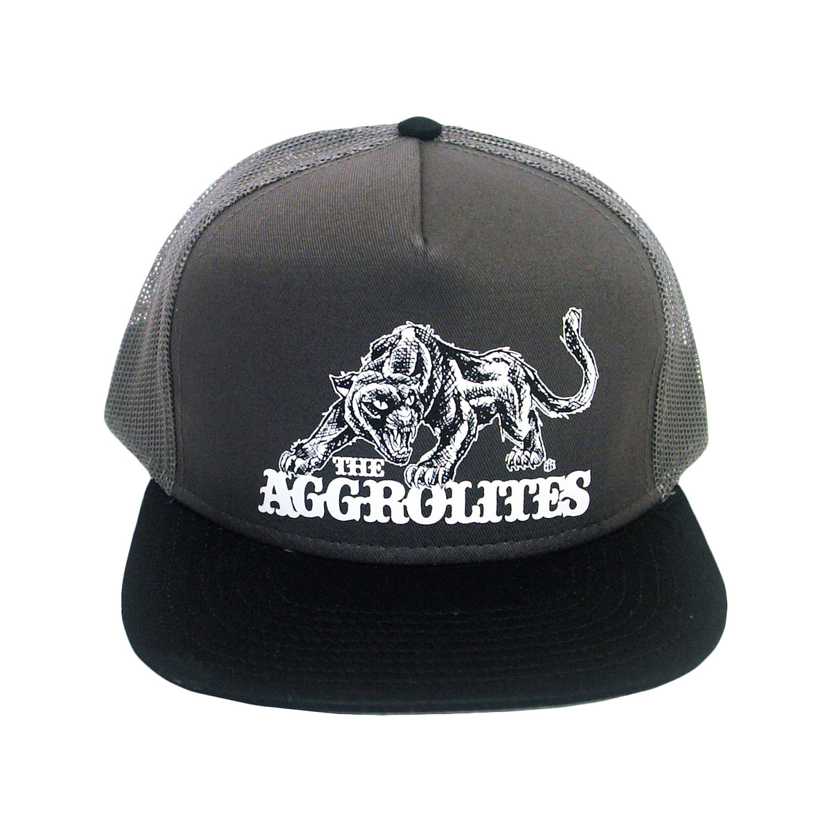 A gray and black snapback hat from The Aggrolites with a mesh back, featuring a prowling panther illustration and THE AGGROLITES in bold white letters on the front.