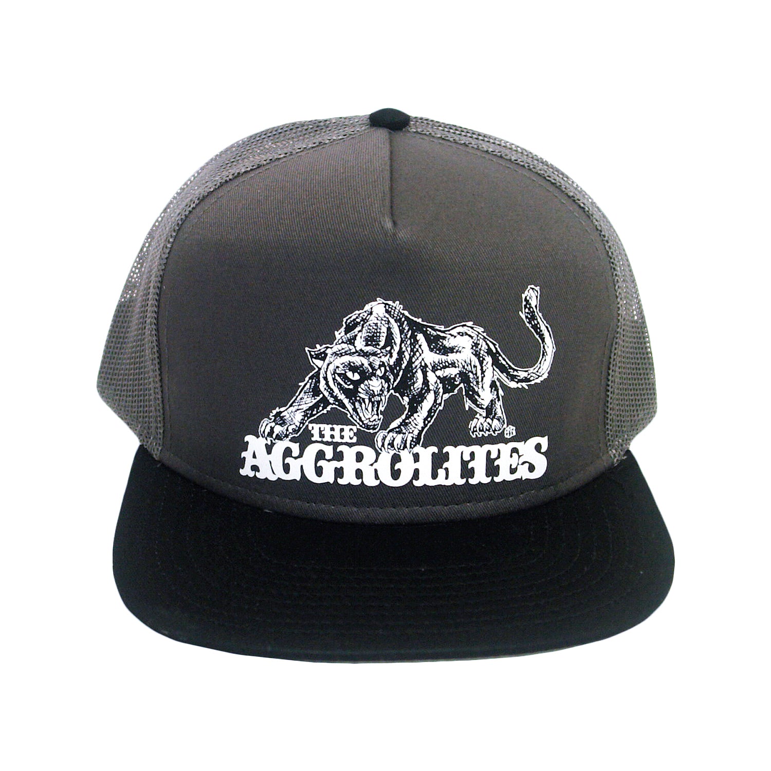 A gray and black snapback hat from The Aggrolites with a mesh back, featuring a prowling panther illustration and THE AGGROLITES in bold white letters on the front.