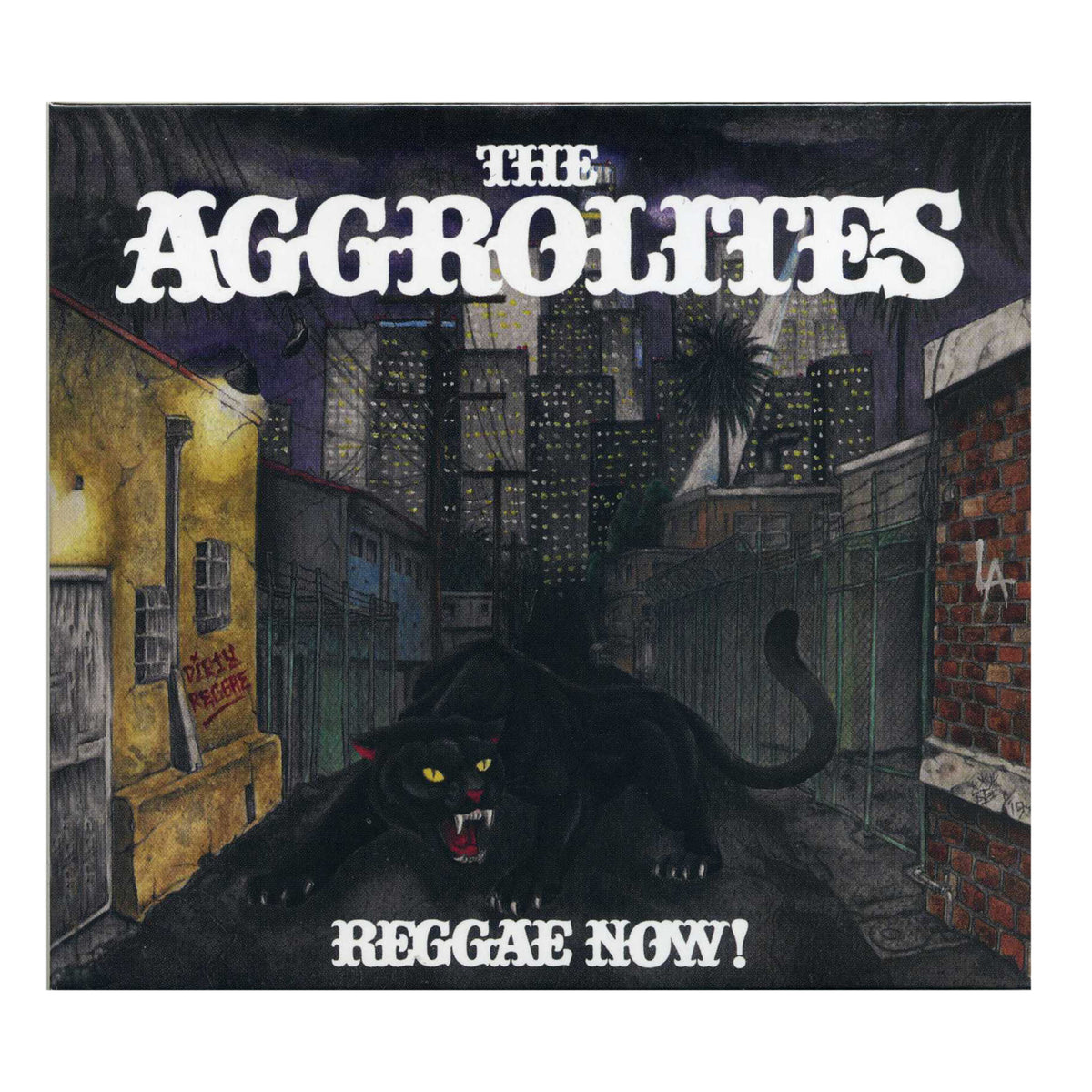 Album cover for Reggae Now! by The Aggrolites, showing a large black panther prowling a dark urban alleyway with city buildings behind, and &quot;Reggae Now!&quot; in bold white text above and below. Brand: The Aggrolites.