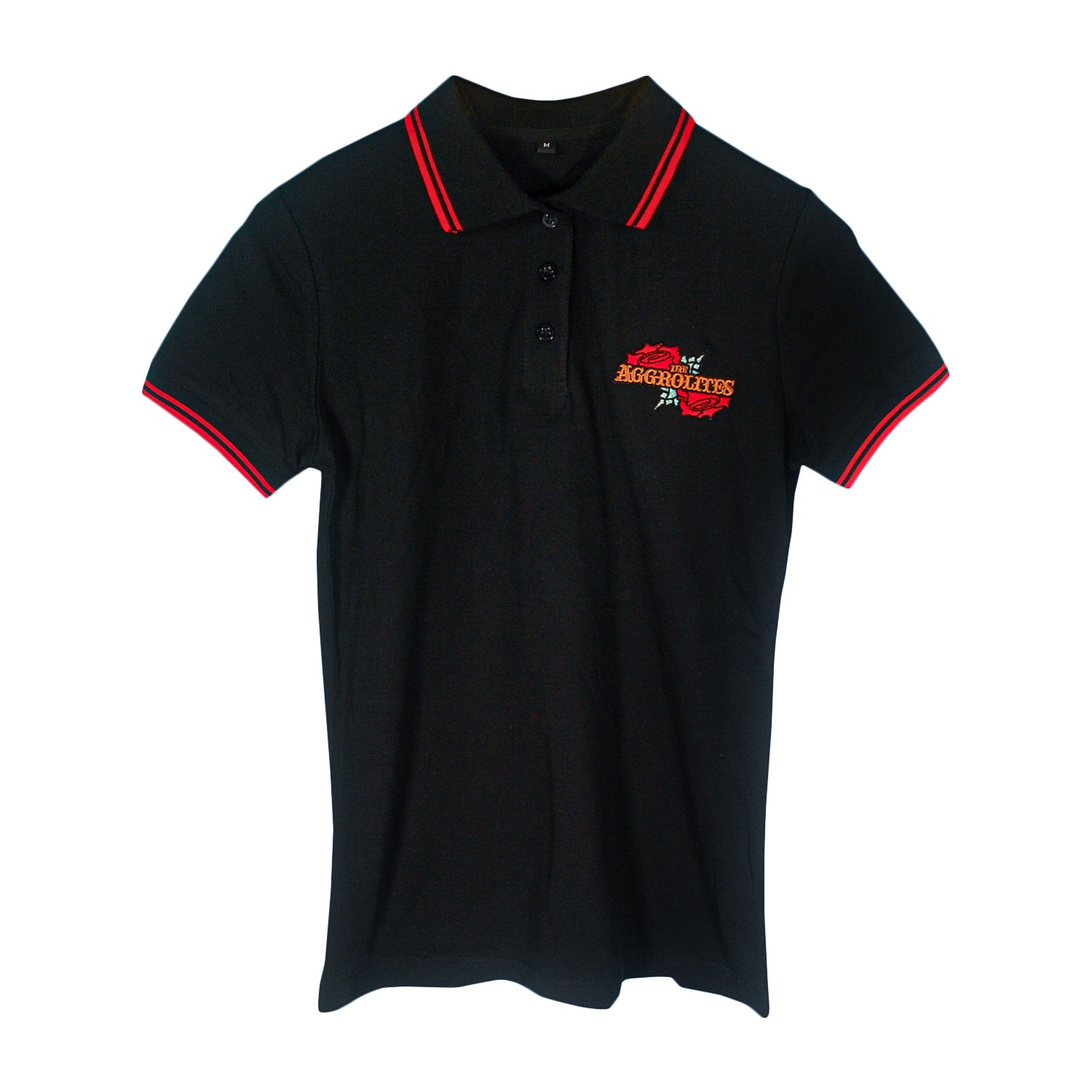 Black polo shirt by The Aggrolites, with red trim on the collar and sleeves. Features an embroidered “AGGROLITES” logo in red and yellow on the left chest. Displayed against a white background.
