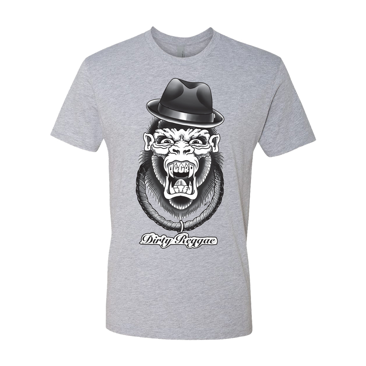 Heather grey The Aggrolites shirt with an illustrated roaring gorilla in a black fedora and Dirty Reggae text—ideal for fans of Aggrolites gear.