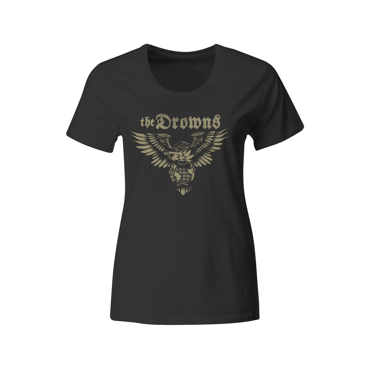 The Drowns black fitted T-shirt features a striking gold eagle graphic and a gothic the Drowns banner across the chest.