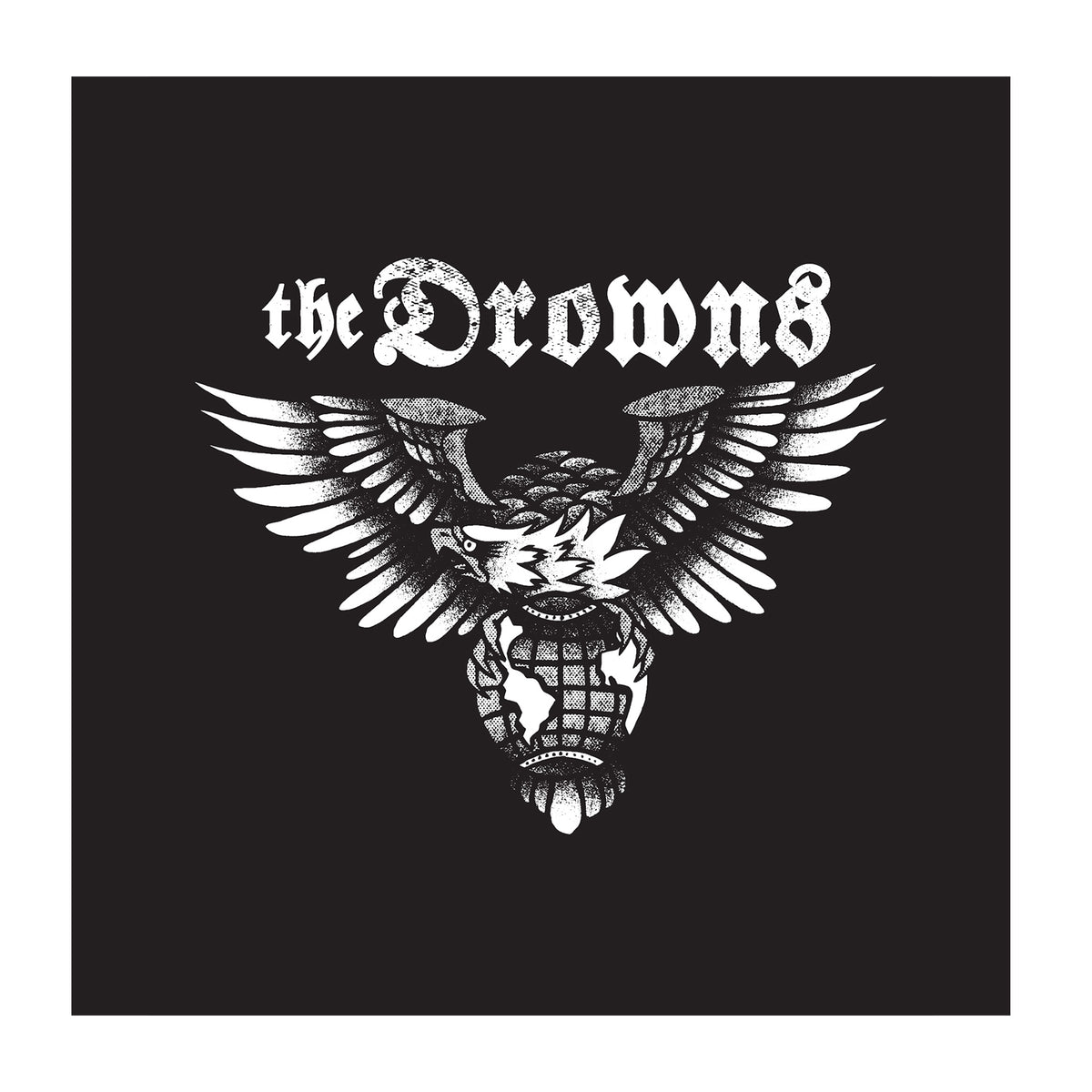 A black cloth patch by The Drowns featuring a white, stylized eagle with outstretched wings holding a grenade under The Drowns in bold gothic font—an ideal addition to any Eagle logo patch collection.