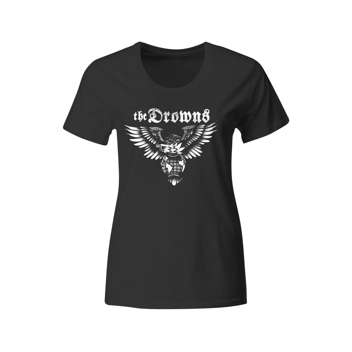 Black fitted T-shirt by The Drowns featuring the Eagle Logo in white gothic script above an eagle with outstretched wings and a chain in its beak, printed on premium Next Level 3900.