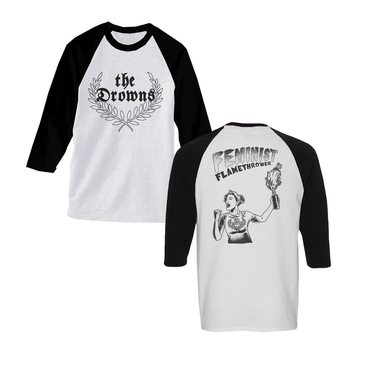 Two black and white 3/4 sleeve baseball tees by The Drowns. The front says “the Drowns” with a wreath; the back has a torch-bearing figure and the slogan “Feminist Flamethrower.”.