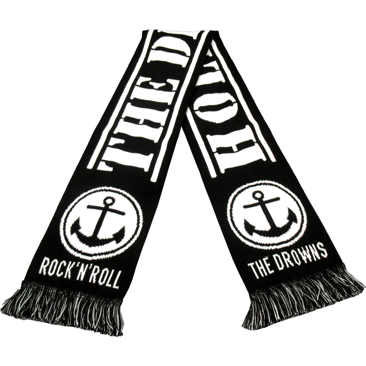 A black and white fringed scarf by The Drowns features anchor symbols and bold ROCK N ROLL, THE DROWNS, and HOLD FAST text—an essential supporter accessory.