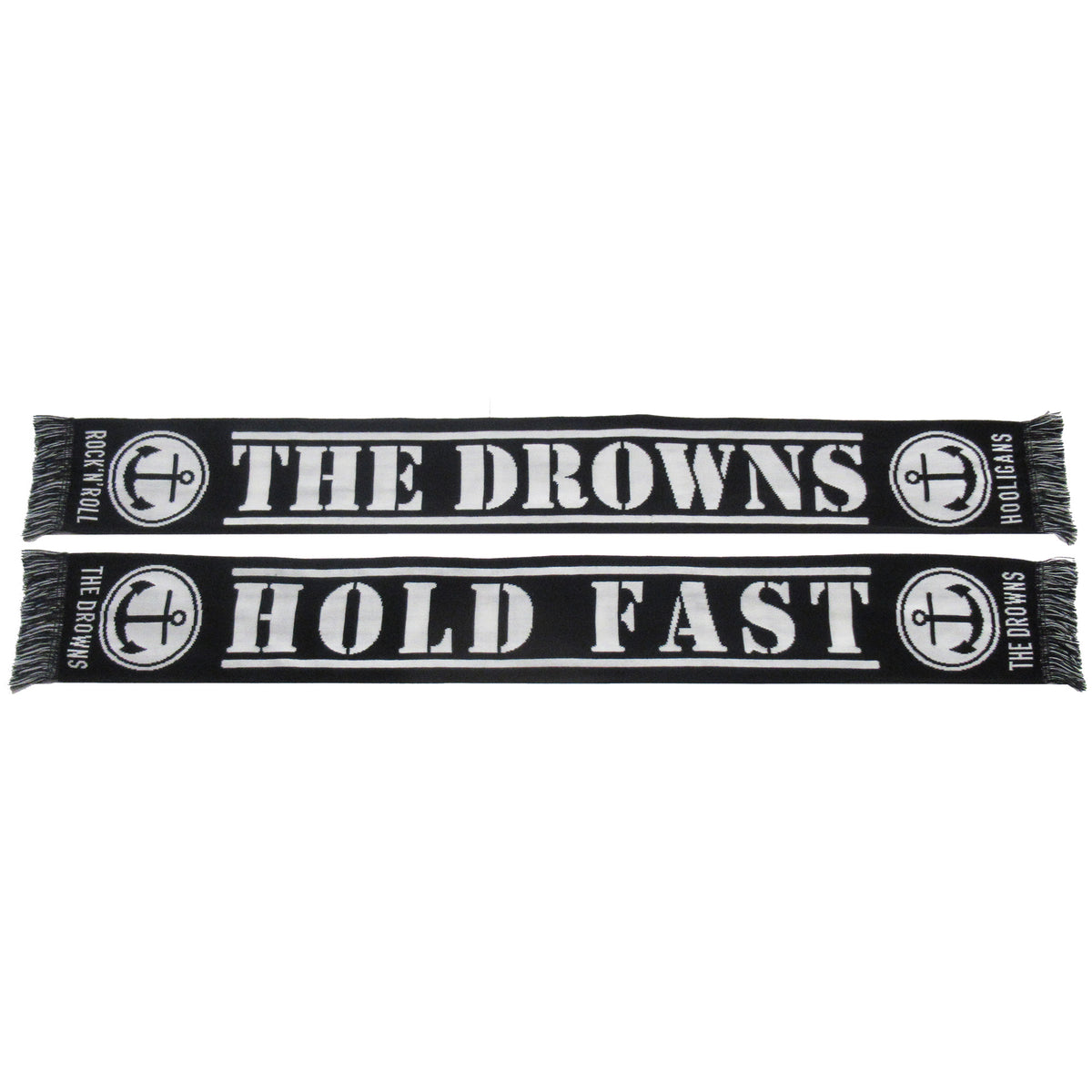 Show your support with The Drowns black and white scarf—featuring THE DROWNS on one side, HOLD FAST on the other, anchor graphics, and ROCKNROLL/HOLD FAST at each end. A must-have accessory for any fan!.