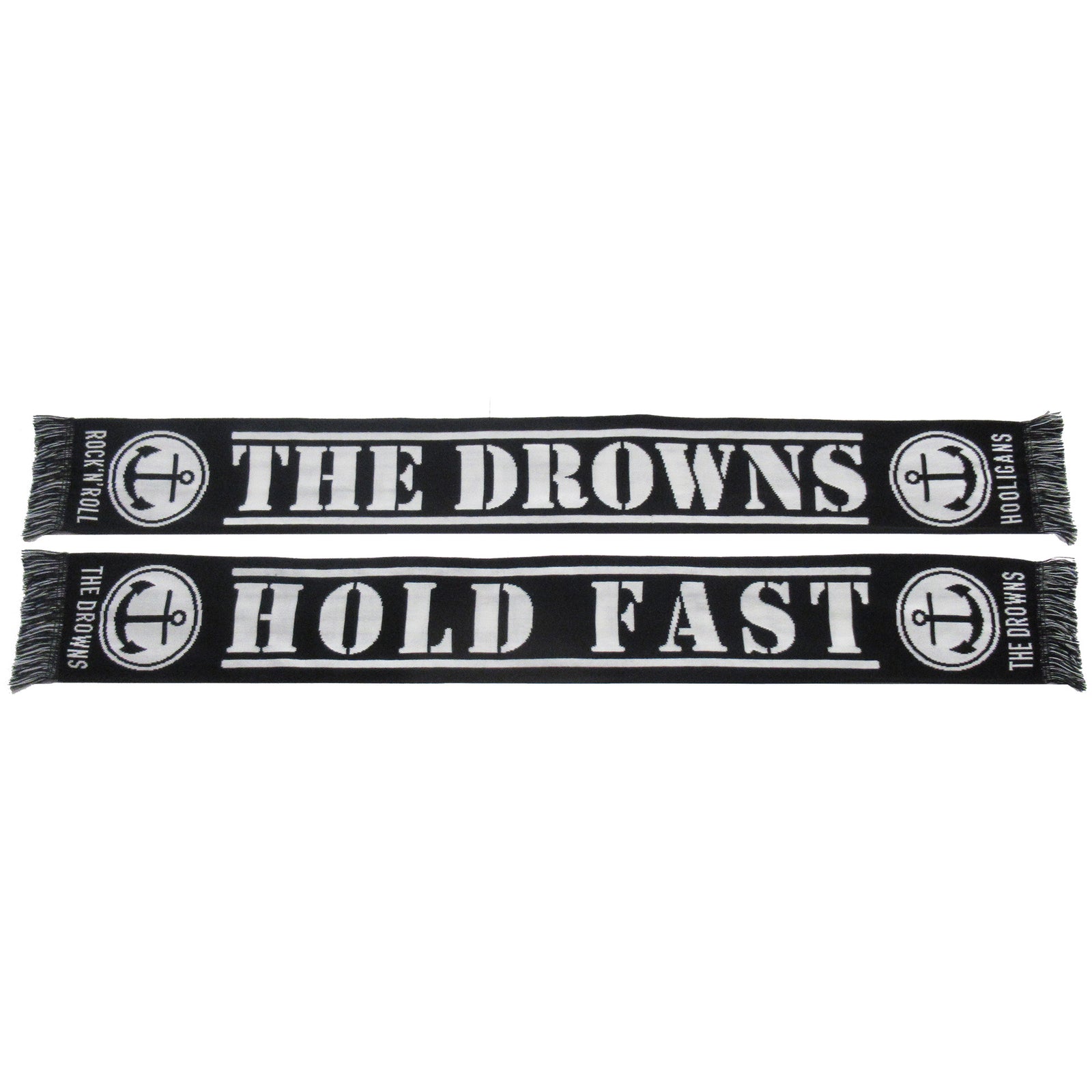 Show your support with The Drowns black and white scarf—featuring THE DROWNS on one side, HOLD FAST on the other, anchor graphics, and ROCKNROLL/HOLD FAST at each end. A must-have accessory for any fan!.