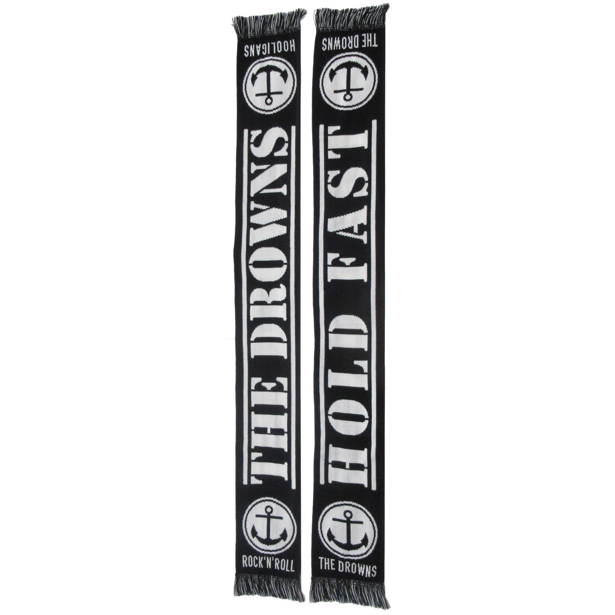 This black and white The Drowns supporter scarf features fringed ends, anchor symbols, and the phrases THE DROWNS, HOLD FAST, and ROCK N ROLL—a must-have for any band scarf collector.