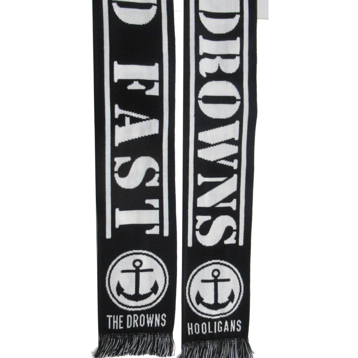 Show your support with The Drowns black and white scarf, featuring GO FAST, THE DROWNS, DROWNS, HOOLIGANS, and anchor designs on both ends—a must-have for any fan who Holds Fast to their favorite band!.