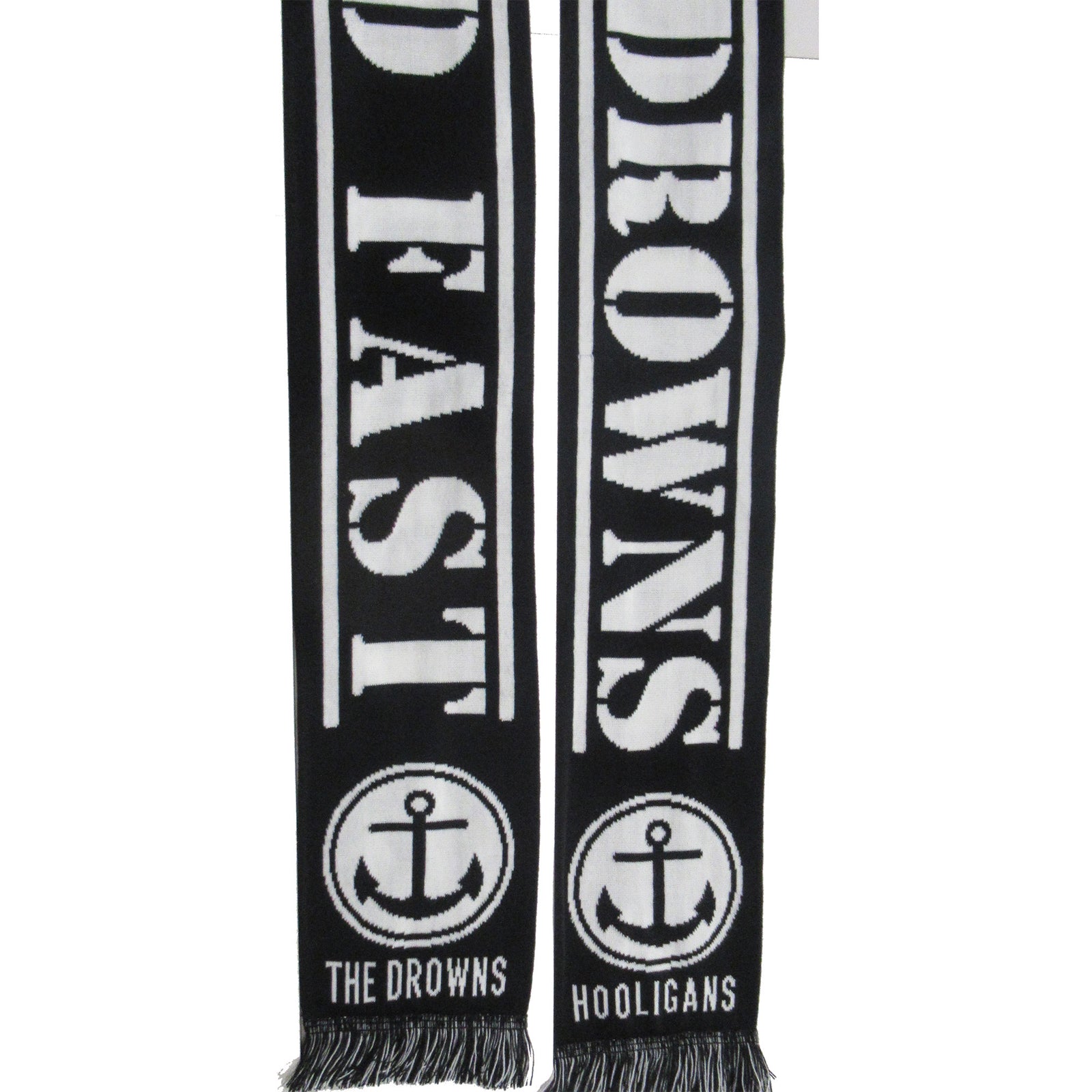 Show your support with The Drowns black and white scarf, featuring GO FAST, THE DROWNS, DROWNS, HOOLIGANS, and anchor designs on both ends—a must-have for any fan who Holds Fast to their favorite band!.