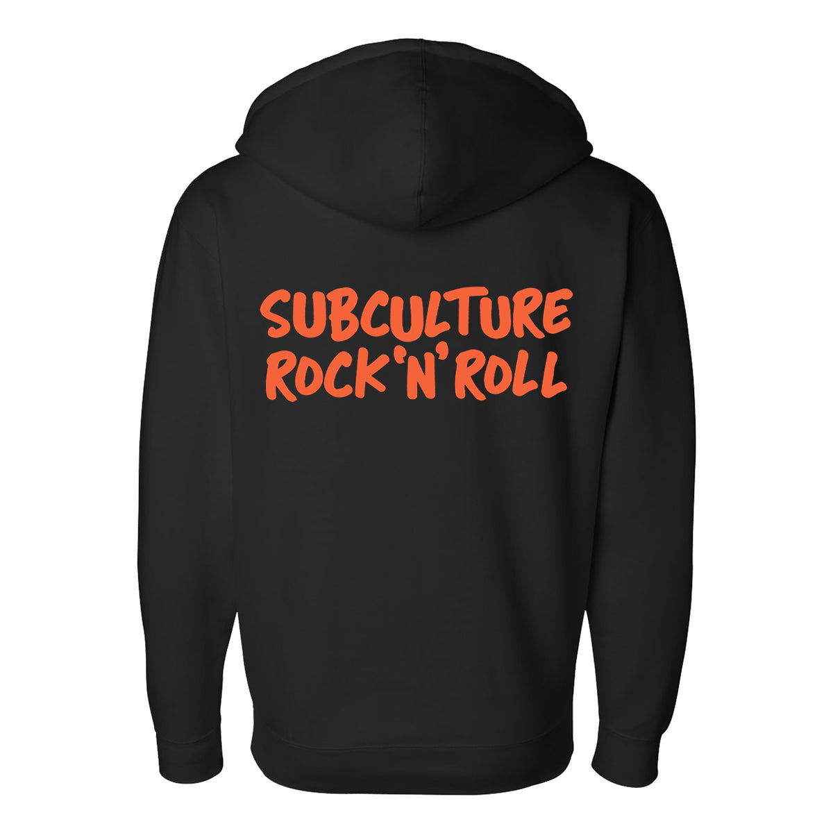 A black zip-up hoodie from The Drowns, featuring SUBCULTURE ROCK N ROLL boldly printed in striking orange letters on the back.