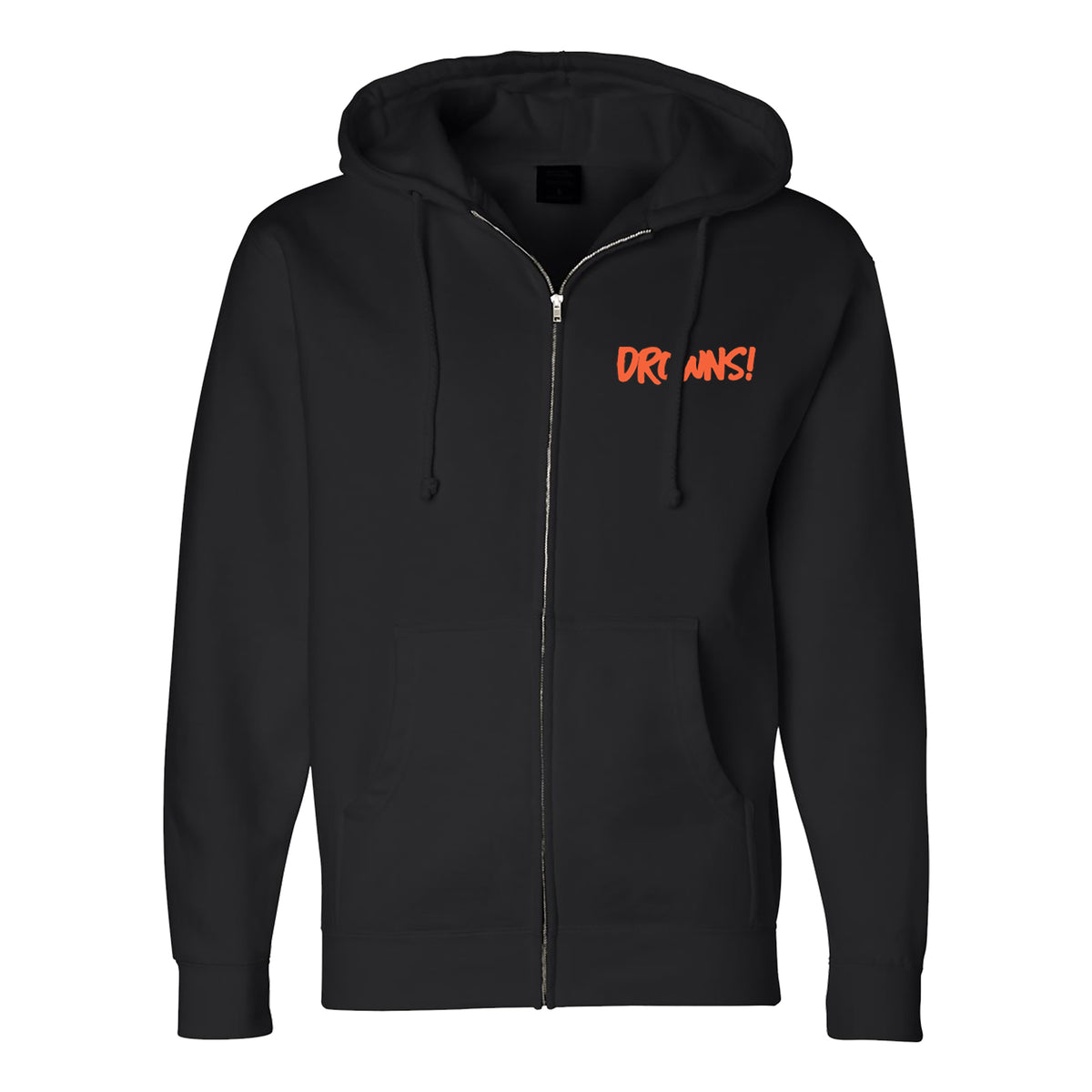 Black zip-up hoodie from The Drowns with front pockets, a hood, and DREAMS! printed in bold orange on the left chest—captures a subculture rock n roll vibe.