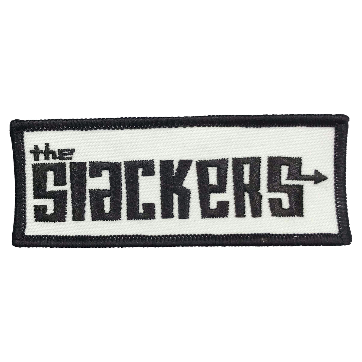 A rectangular patch from The Slackers features a black border and white background with their bold, stylized text logo in black; the K forms an arrow pointing right.