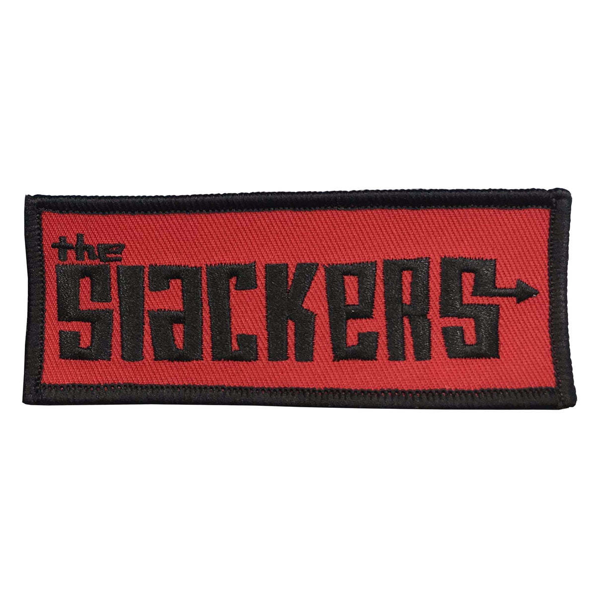 A rectangular red embroidered patch with a black border featuring The Slackers logo in bold, stylized letters, with an arrow integrated into the R.