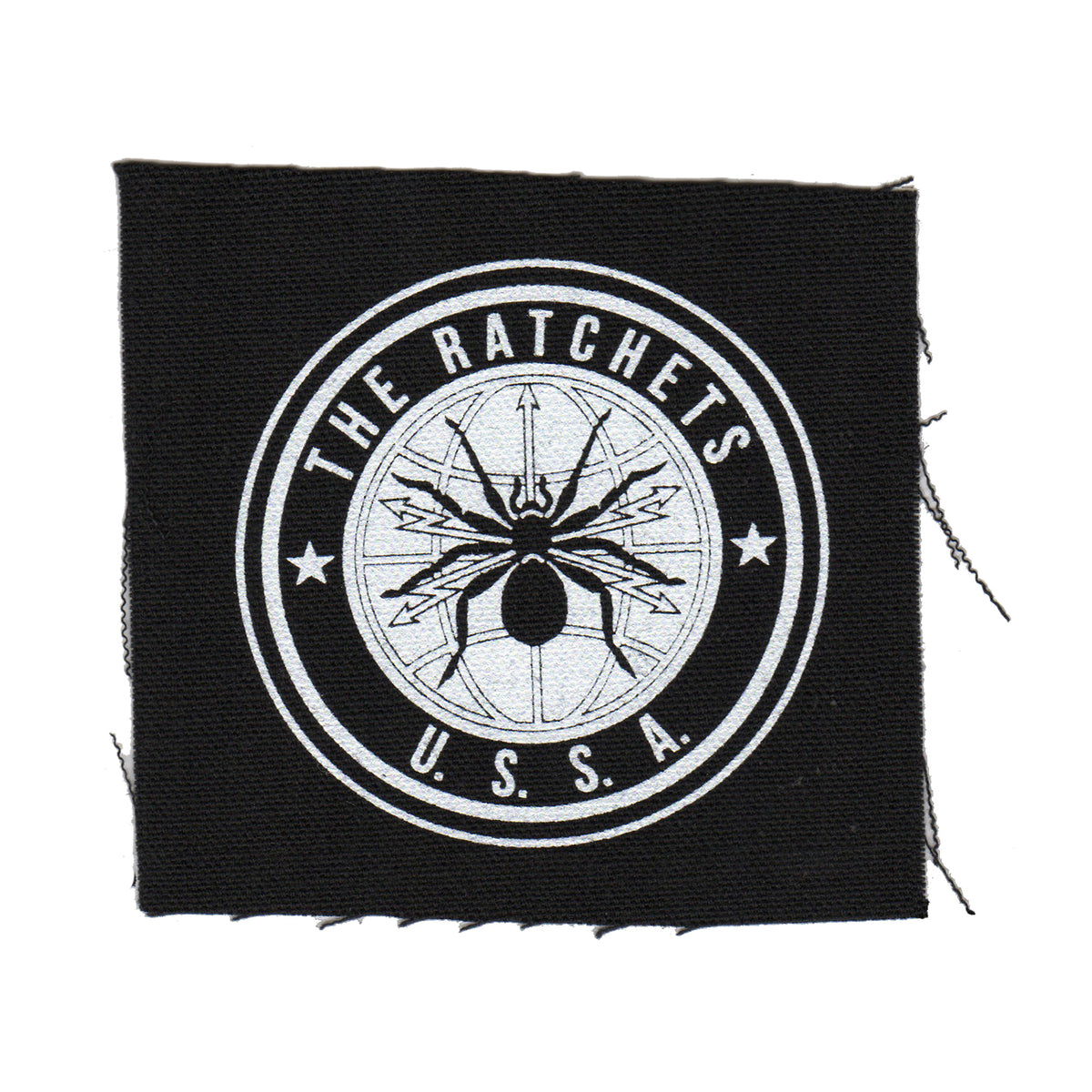 A black cloth patch by Ratchets, featuring a white circular emblem with a spider in the center, &quot;THE RATCHETS&quot; at the top, &quot;U.S.S.A.&quot; at the bottom, and two stars—ideal for fans of the Ratchets Spider patch.