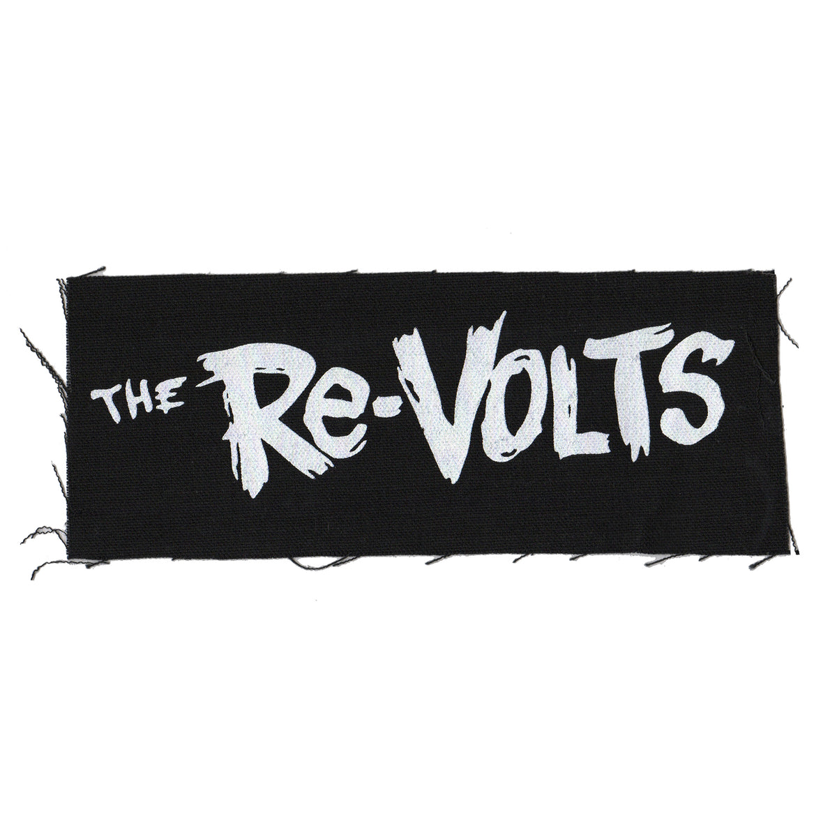A rectangular black cloth patch from Re-Volts features bold, white distressed lettering and frayed edges—perfect for customizing jackets or bags.