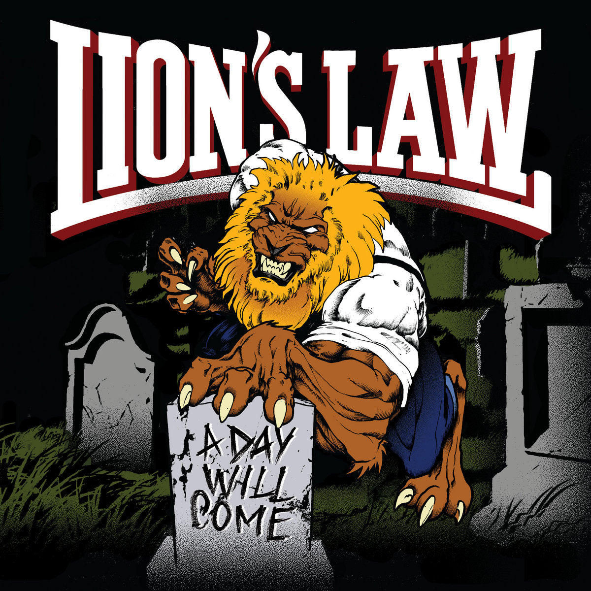 A fierce lion with a yellow mane crouches over a tombstone engraved A DAY WILL COME. In the background are gravestones, while Lions Law and album tracks appear boldly above in red and white lettering.
