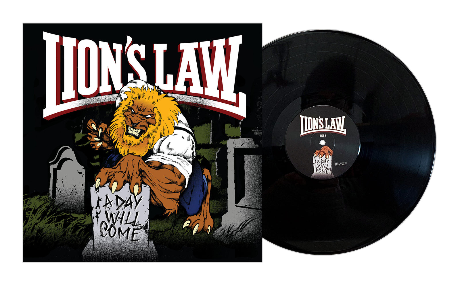 A vinyl record with cover art for Lions Laws album A Day Will Come, showing an angry lion in a graveyard clawing at a tombstone engraved with the title and a track list of powerful songs.
