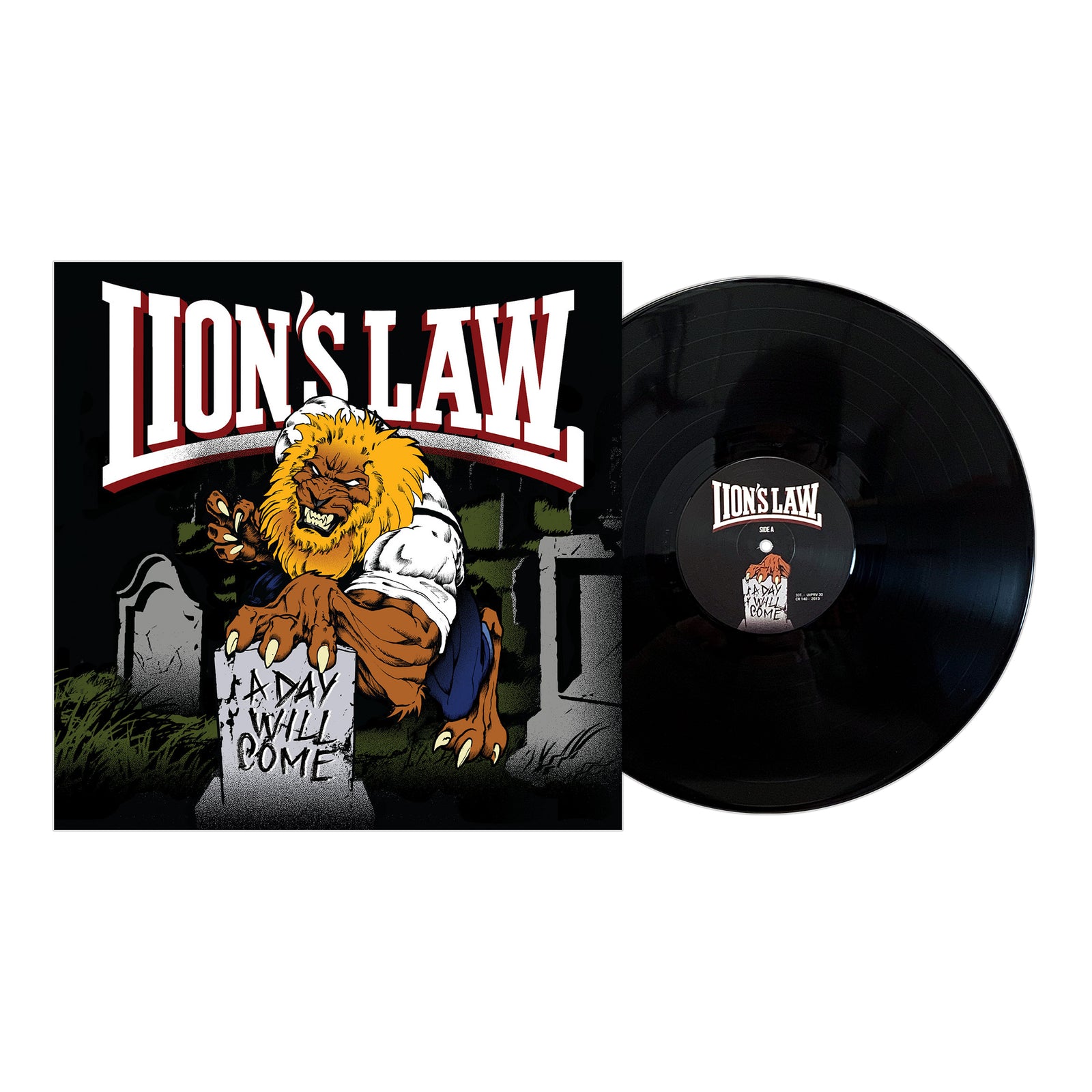 A vinyl record by Lion's Law with a cover depicting a snarling cartoon lion in a graveyard, tearing a gravestone that says "A DAY WILL COME." The band's name is boldly displayed at the top and includes the track "For My Clan.