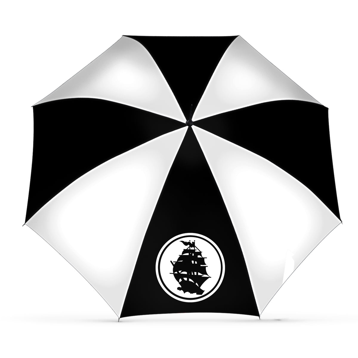 A black and white self-opening umbrella with alternating panels, featuring a round Pirates Press Records emblem with a sailing ship silhouette on one black panel.