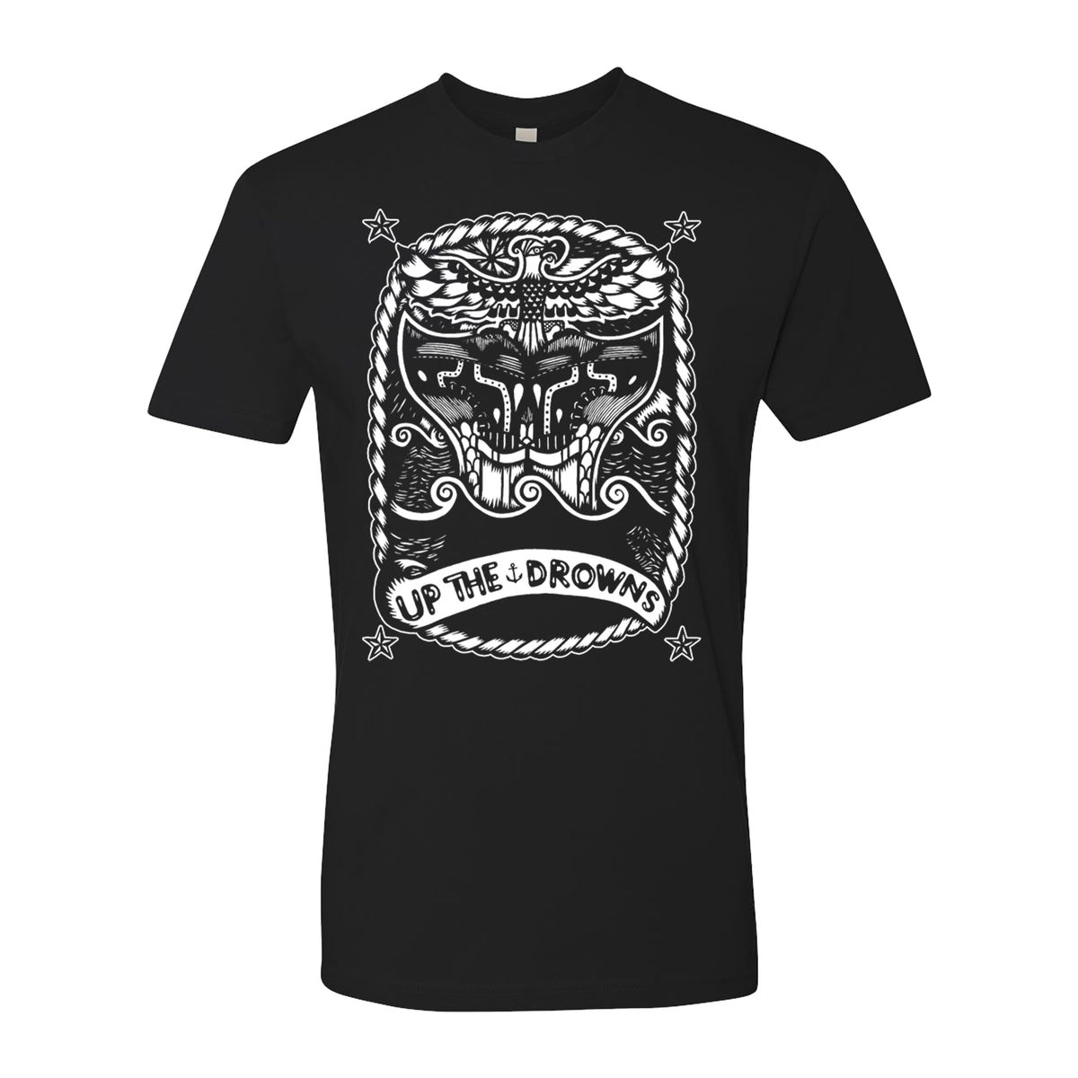 Black The Drowns shirt with a bold white graphic of a stylized nautical skull, waves, ropes, stars, and UP THE DROWNS text. Printed on a comfortable Next Level 3600 tee.