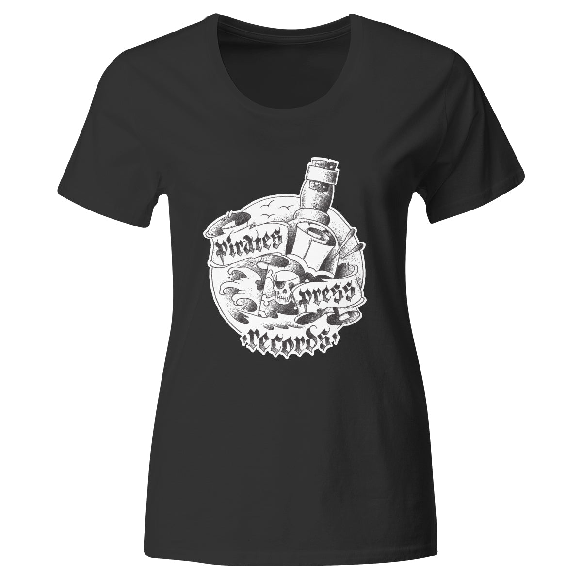 Black Pirates Press Records fitted T-shirt featuring a white graphic of a pirate ship, telescope, skull, and scroll with Pirates Press Records in stylized lettering across the design.