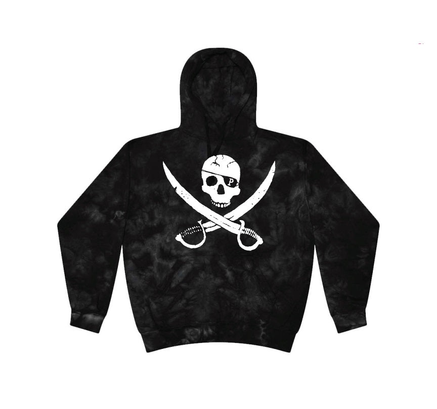 A crystal black tie-dye youth hoodie by Pirates Press Records, featuring a bold white skull and crossed swords pirate symbol on the chest.