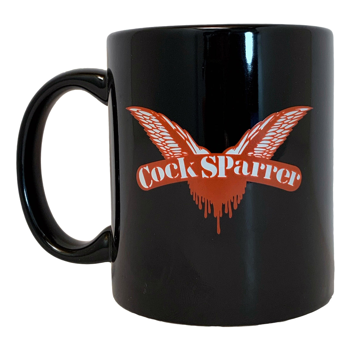A ceramic coffee mug featuring the Cock Sparrer logo in bold red and white with stylized wings—a must-have piece of Cock Sparrer band merchandise for any fan.