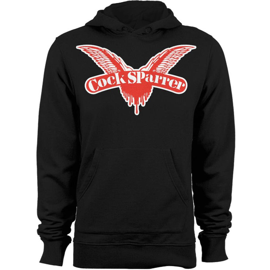 A Cock Sparrer hoodie by Gildan Heavy Blend, showcasing a bold red and white wings design with the band&#39;s name across the chest.