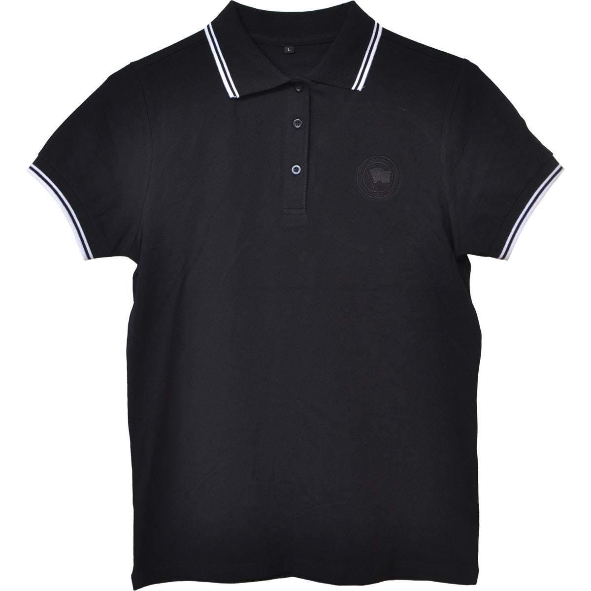 A black short-sleeve polo with white-striped collar and cuffs, three buttons—ideal for Pirates Press Records fans or as a standout One Family One Flag polo.