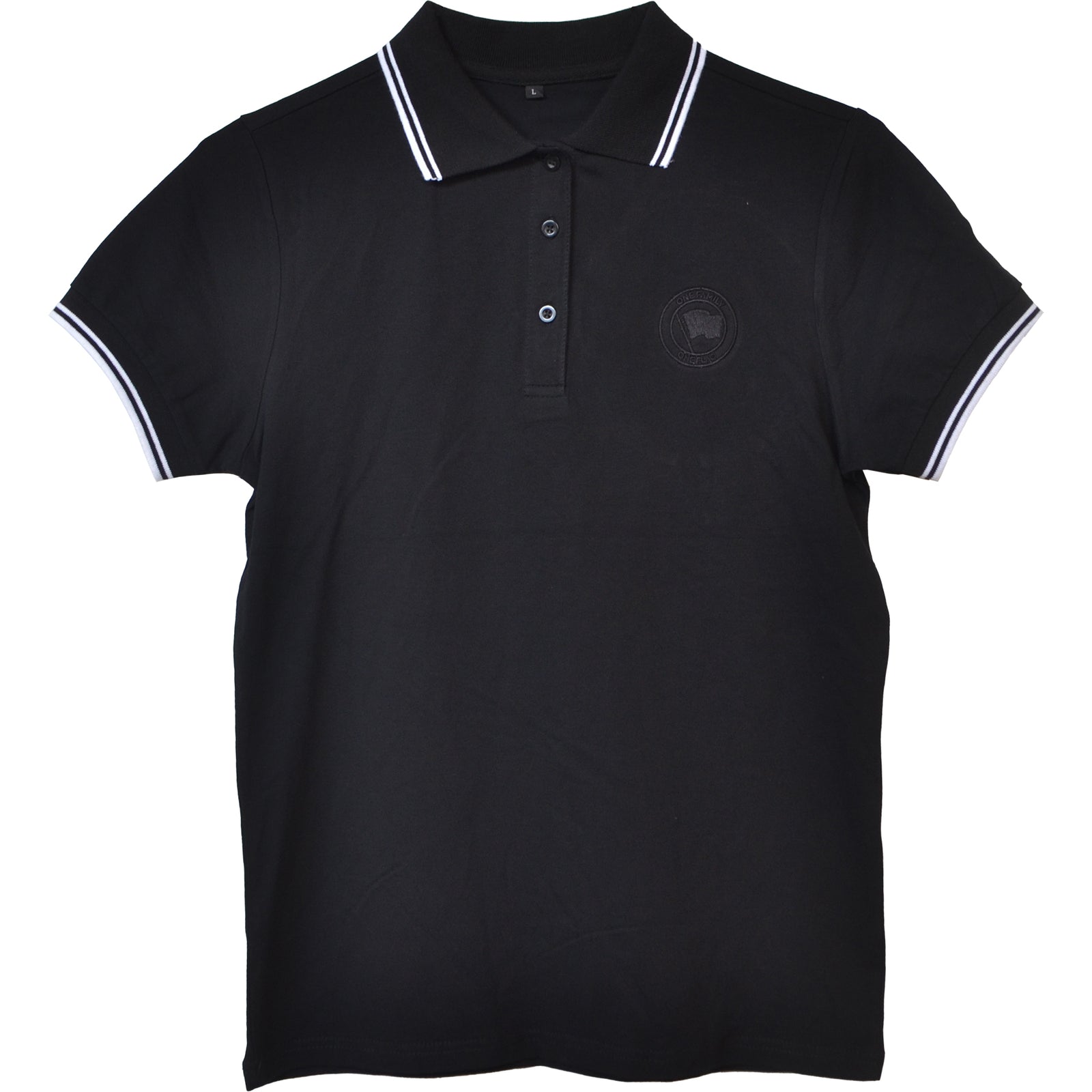 A black short-sleeve polo with white-striped collar and cuffs, three buttons—ideal for Pirates Press Records fans or as a standout One Family One Flag polo.