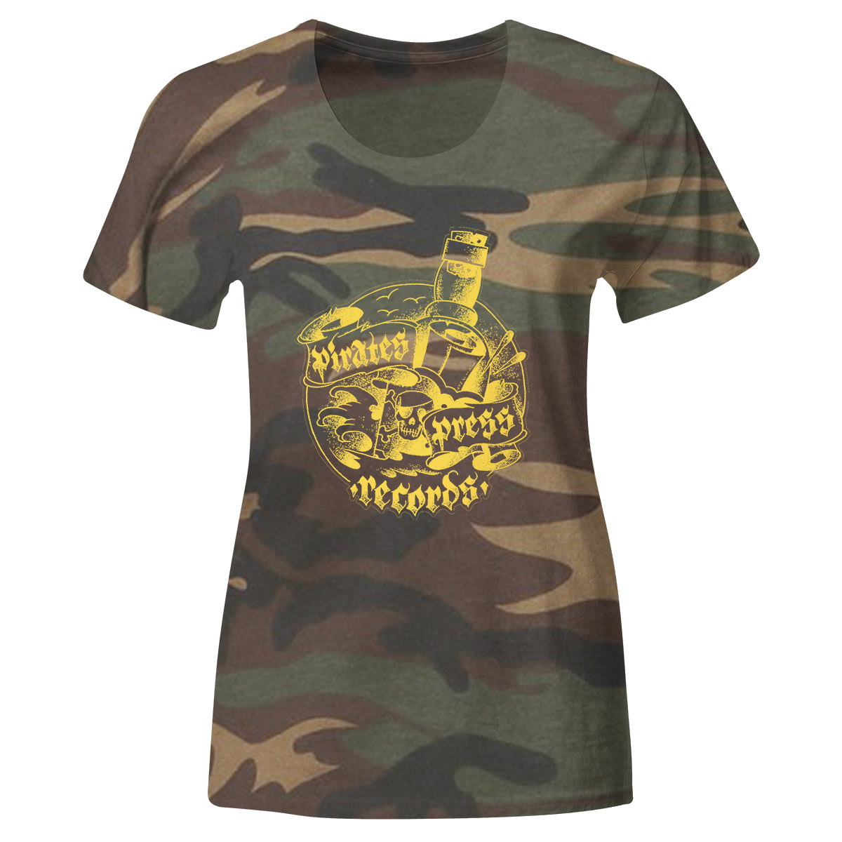 A women’s camo fitted T-shirt by Pirates Press Records showcases a yellow logo with pirate-themed graphics on the front.