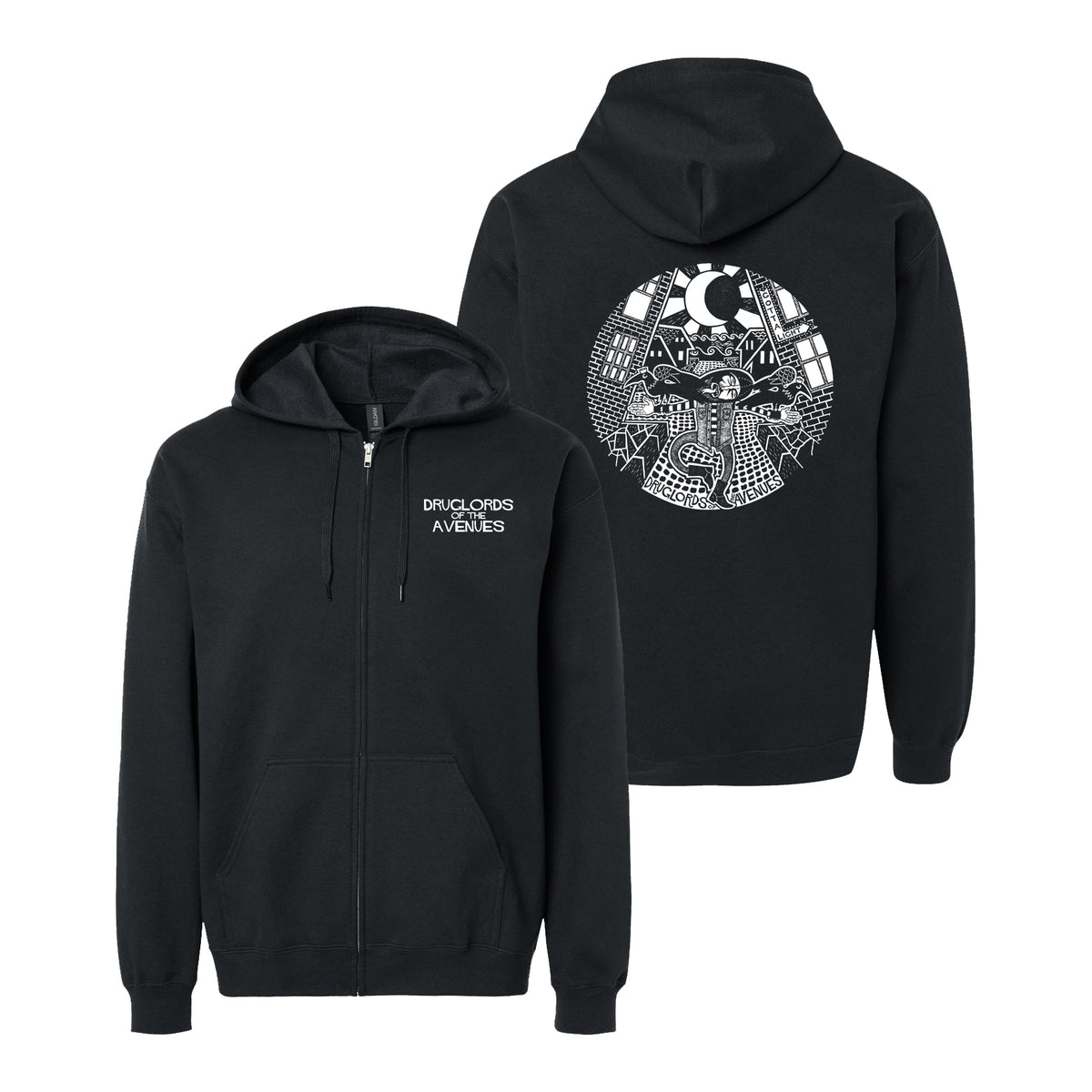 Black zip-up hoodie by Druglords of The Avenues with text on the front left chest and a bold white cityscape, cat, moon, and geometric graphic on the back—ideal for any Druglords of The Avenues hoodie collection.