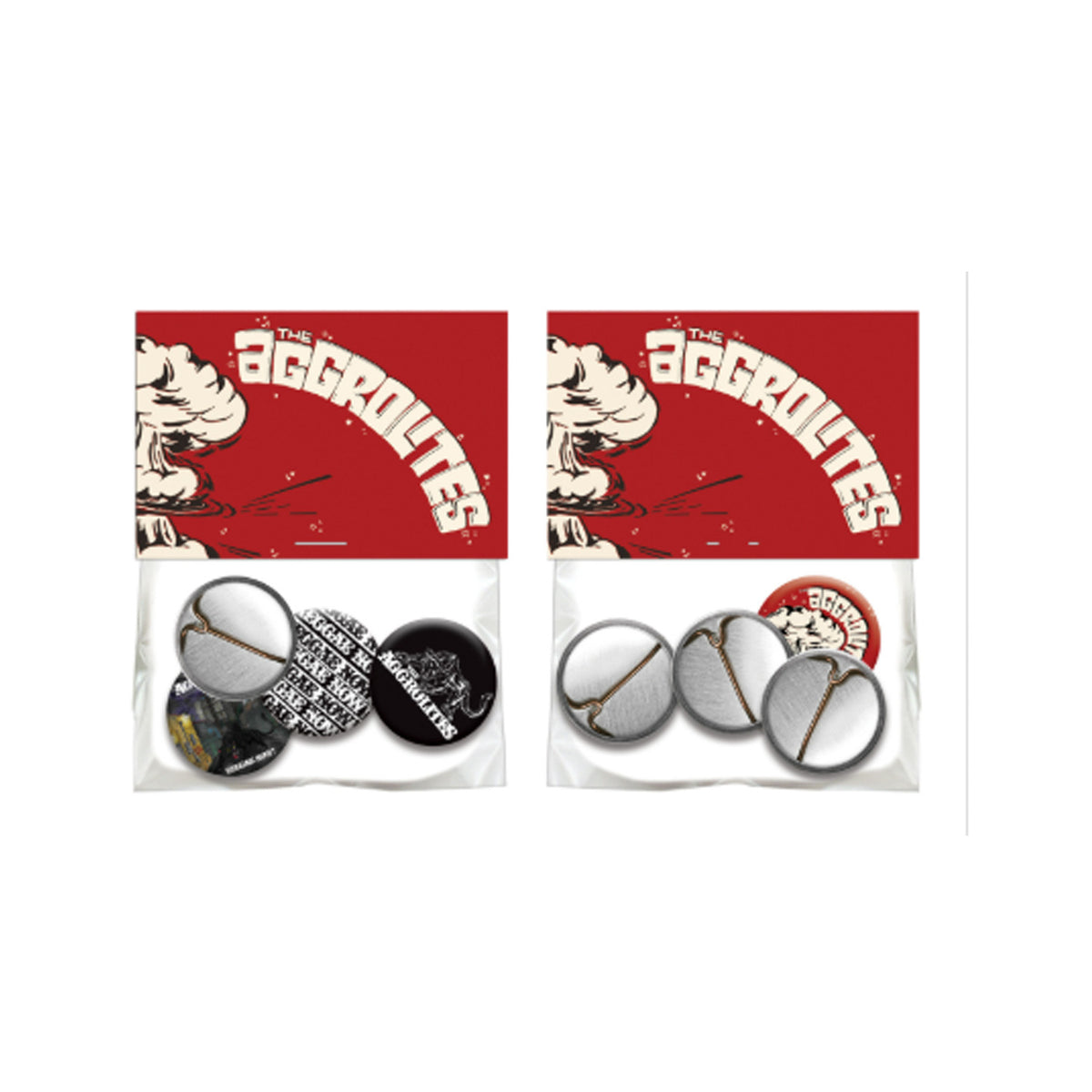 Two button pack sets from The Aggrolites are shown in clear bags, each with unique designs and topped by a red hang card featuring the band's name and a cartoon explosion graphic.