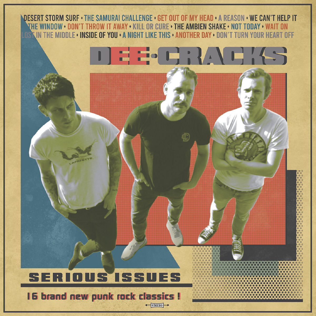Album cover for the Serious Issues album by DeeCracks, showing three men, bold band name, song titles above, and a text box below reading "16 brand new punk rock classics!" in vintage graphic style.