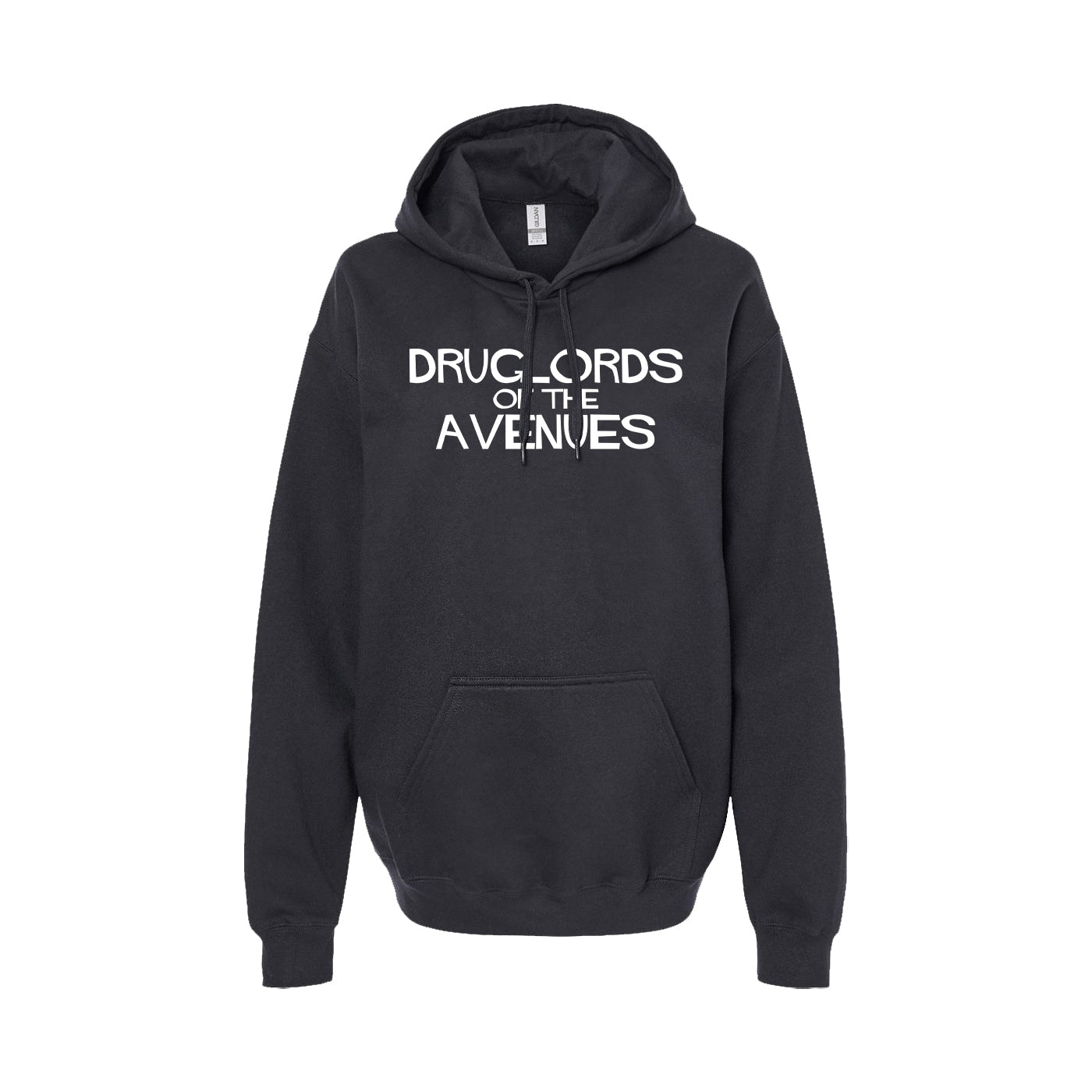 A black pullover hoodie with a front pocket, featuring "Druglords of The Avenues" in bold white letters across the chest.