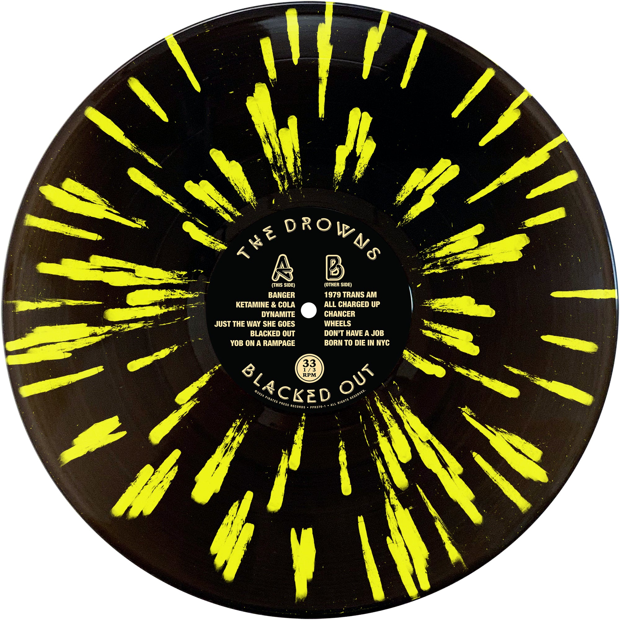 A punk rock vinyl by The Drowns features a black base with bright yellow splatter. The center label reads The Drowns Blacked Out with song titles for sides A and B in white text on black.
