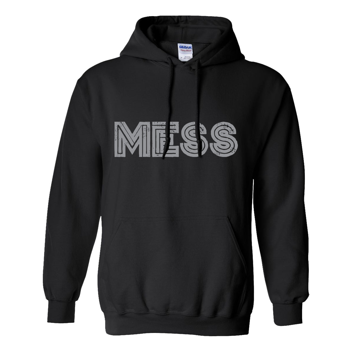 A black Mess hooded sweatshirt (style 18500) featuring the bold MESS logo in large, outlined block letters across the chest.