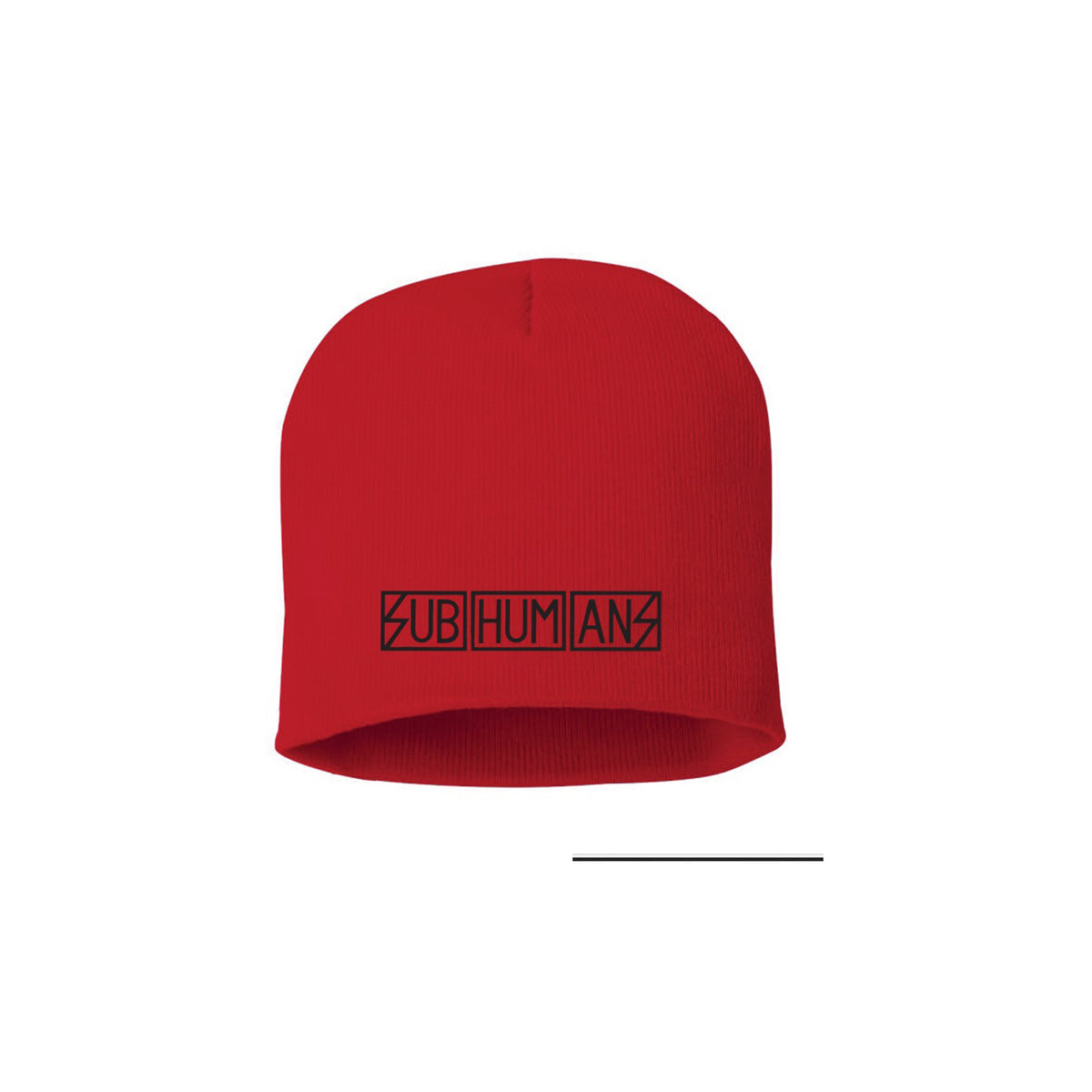 A red beanie from Subhumans featuring their bold black uppercase text logo inside boxes on the front.