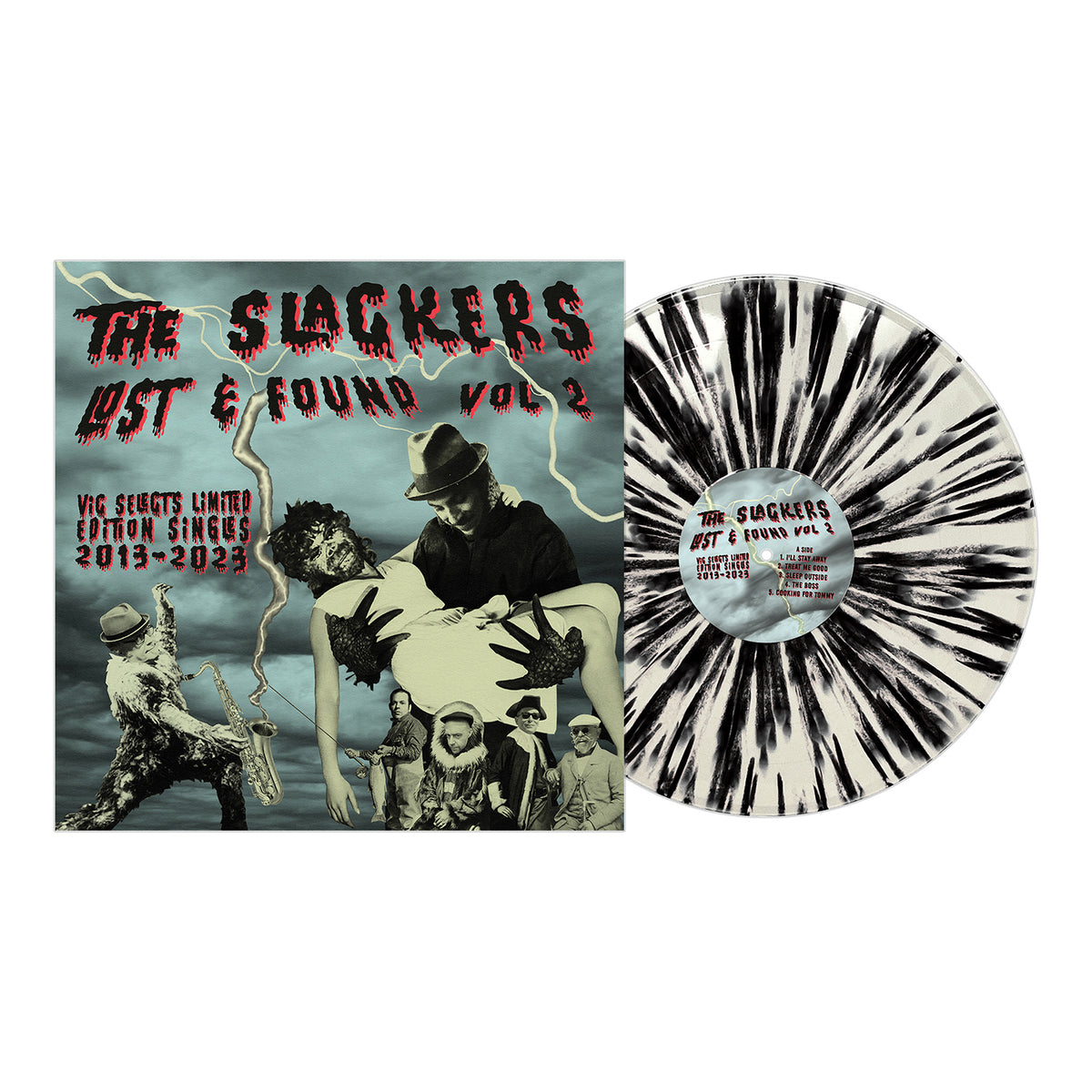The Slackers Lost &amp; Found Vol. 2 vinyl features a black splatter design and album art with collage figures, monsters, lightning bolts, and bold red-yellow text—an exclusive ska reggae rarities release from The Slackers.