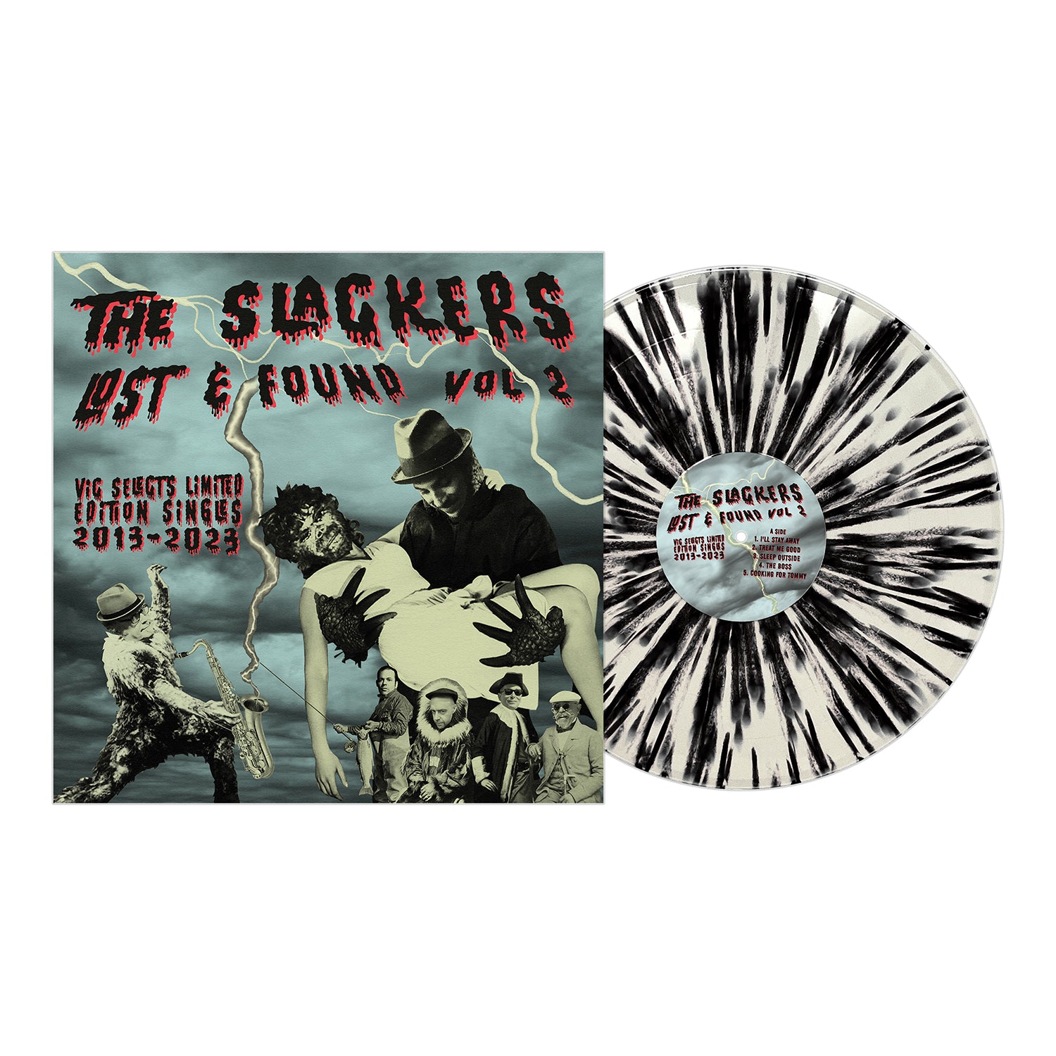 The Slackers Lost & Found Vol. 2 vinyl features a black splatter design and album art with collage figures, monsters, lightning bolts, and bold red-yellow text—an exclusive ska reggae rarities release from The Slackers.