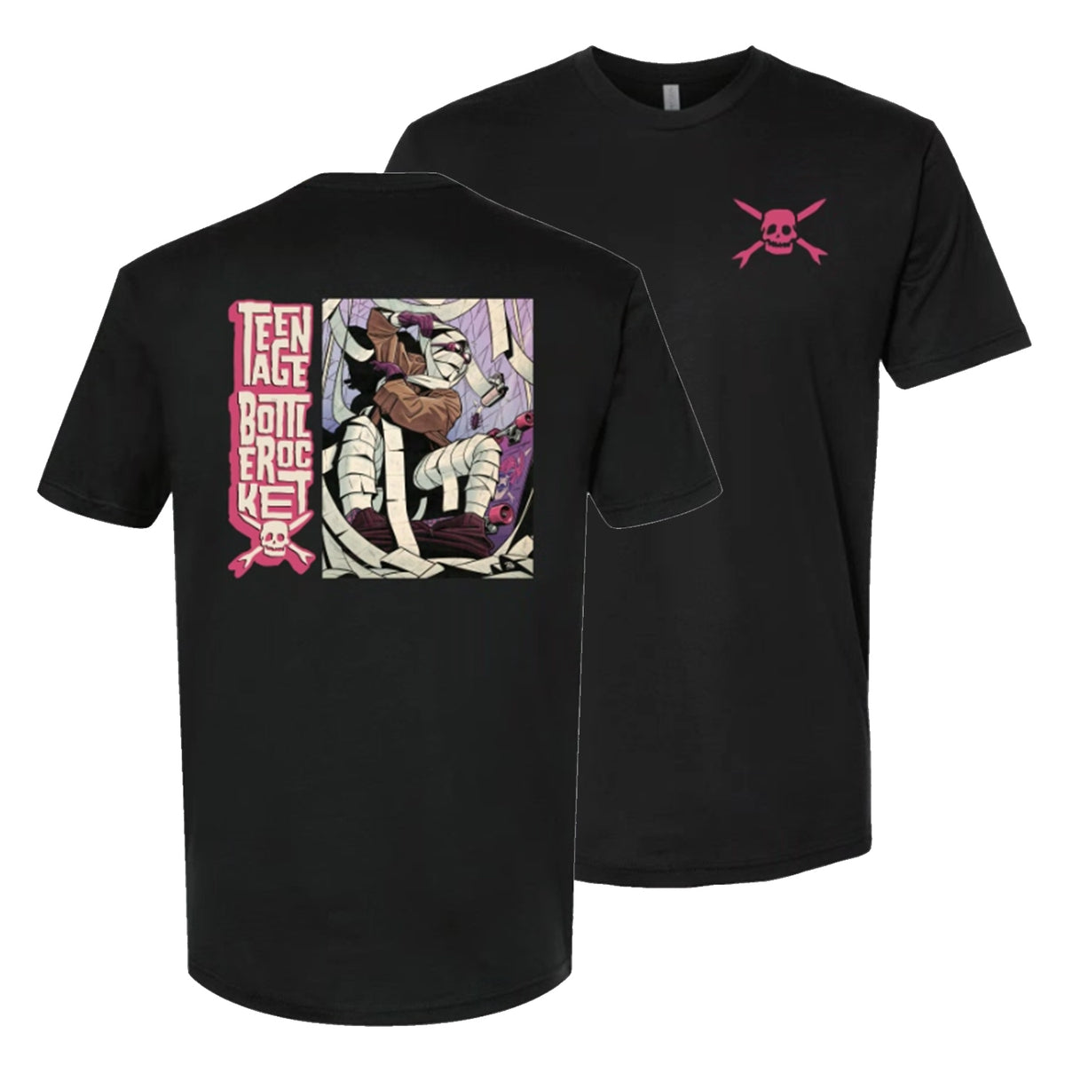 Black Teenage Bottlerocket Next Level t-shirt featuring a small pink skull and crossbones on the front left chest and comic-style mummy kicking artwork with bold pink “Teenage Bottlerocket” text on the back.