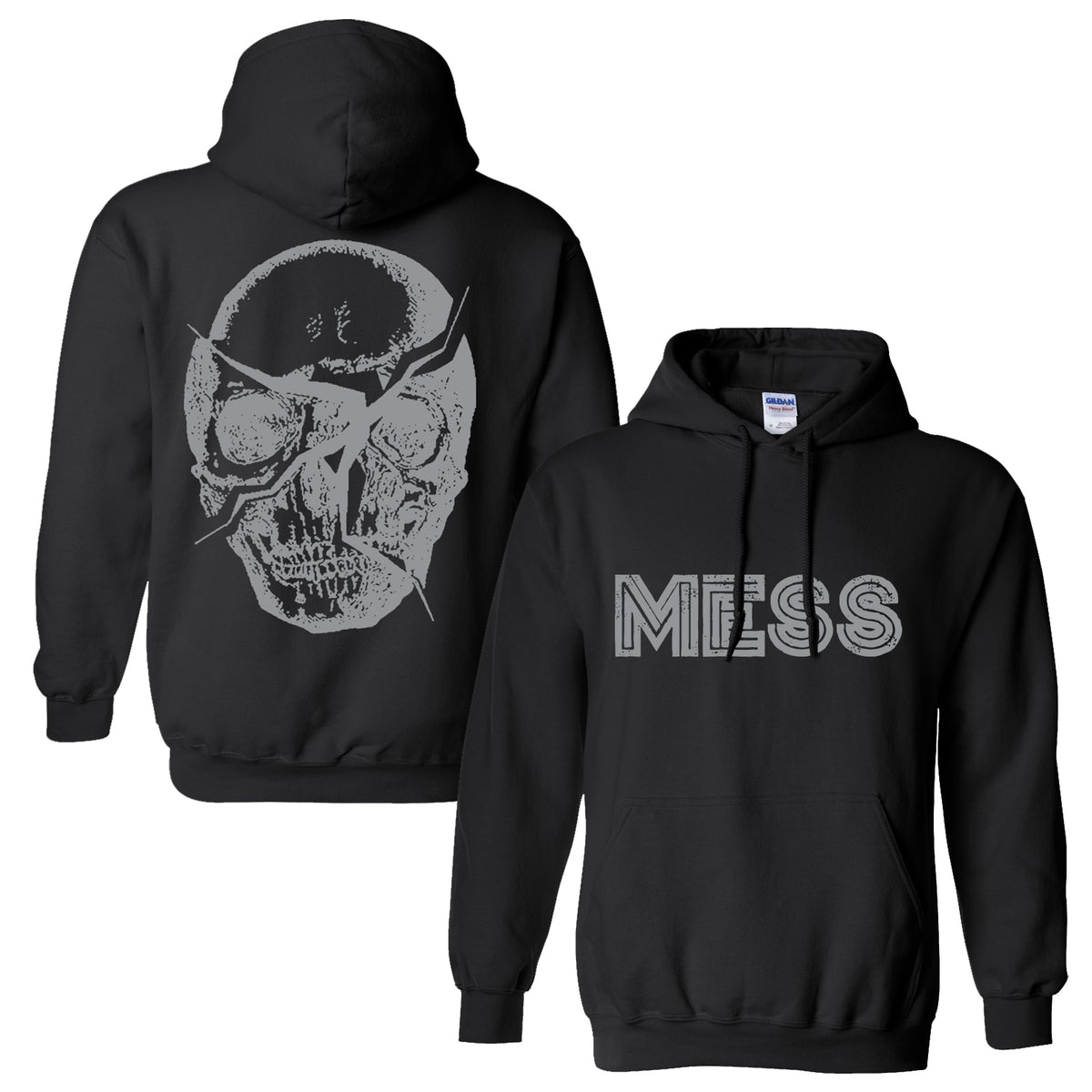 The Mess brand black Gildan 18500 hoodie has a large, distressed skull design and light gray MESS logo on the back, with bold, outlined MESS lettering in light gray across the front.