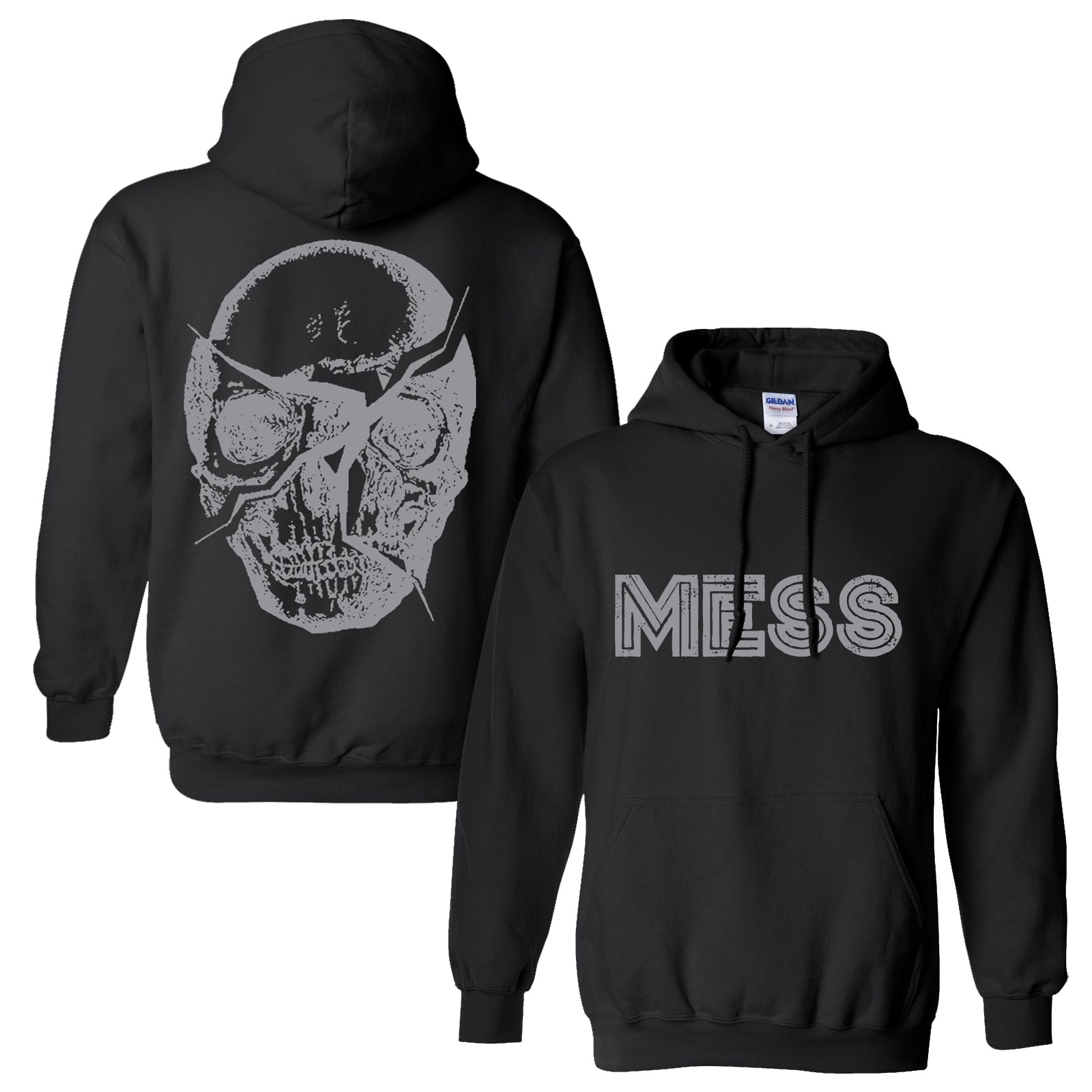 The Mess brand black Gildan 18500 hoodie has a large, distressed skull design and light gray MESS logo on the back, with bold, outlined MESS lettering in light gray across the front.